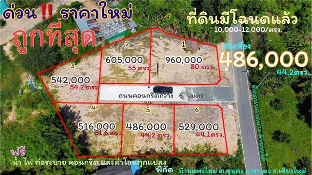 ขายที่ดินเริ่ม44ว.486,000บ.ฟรีโอน บ้านถวาย ต.ขุนคง หางดง เชียงใหม